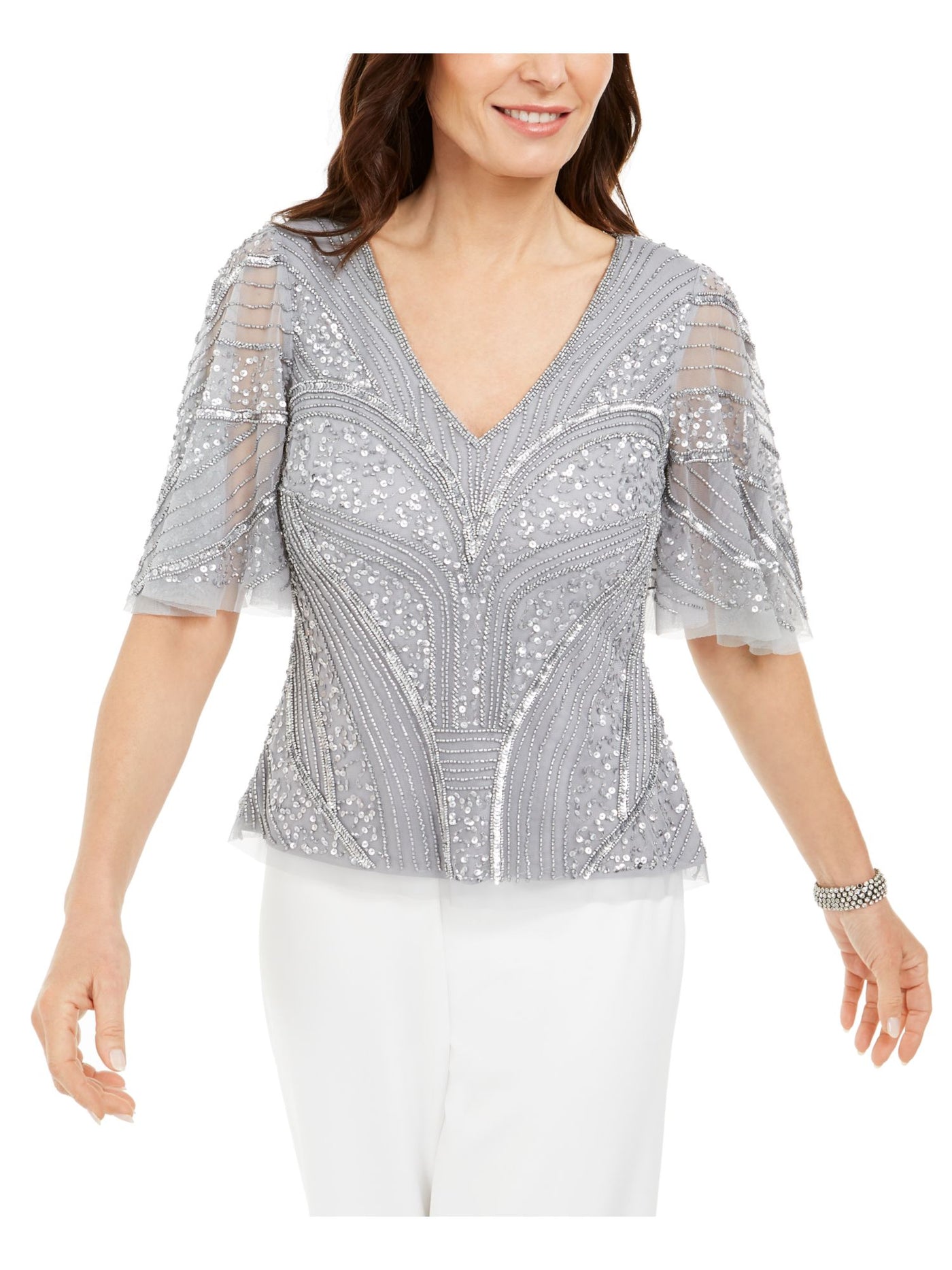 ADRIANNA PAPELL Womens Embellished Flutter V Neck Party Top