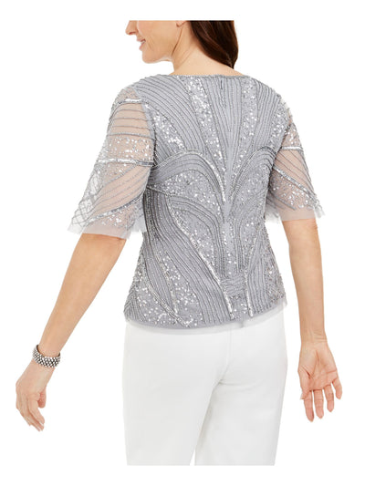 ADRIANNA PAPELL Womens Silver Embellished Flutter V Neck Party Top 4