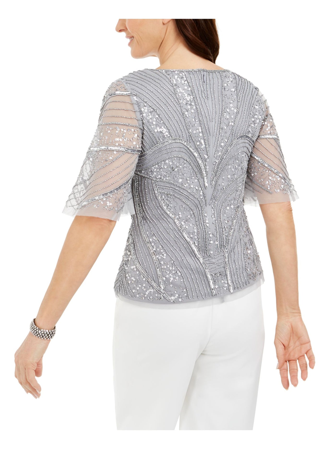 ADRIANNA PAPELL Womens Silver Stretch Sequined Beaded Flutter Sleeve V Neck Evening Top Petites 6P