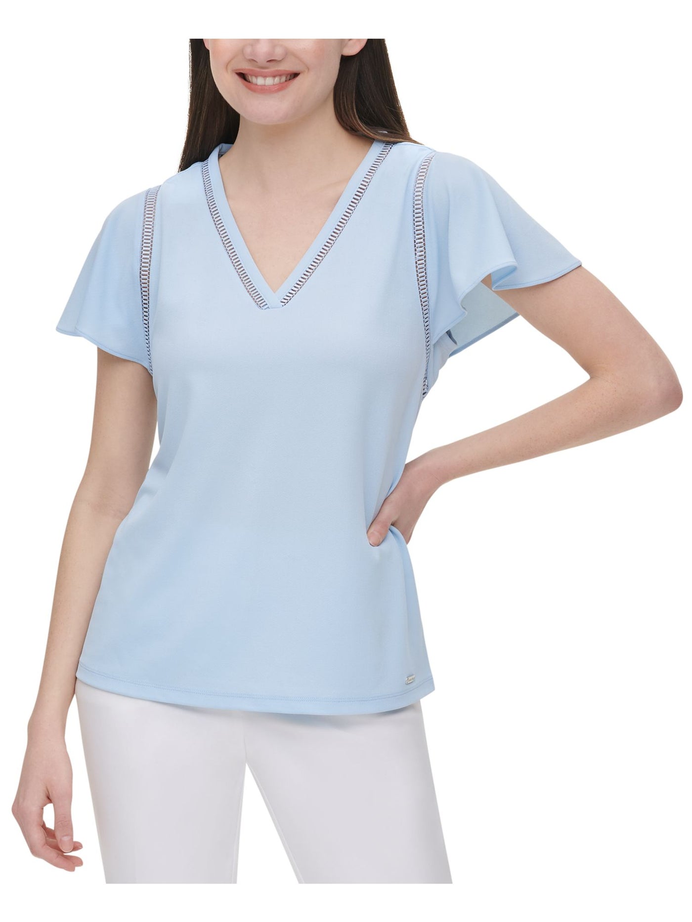 CALVIN KLEIN Womens Light Blue Short Sleeve V Neck Top XS