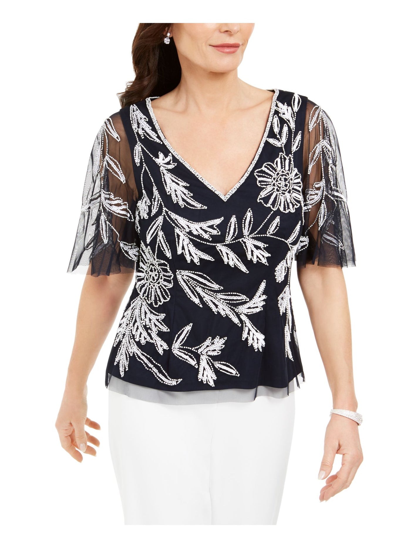 ADRIANNA PAPELL Womens Navy Embellished Mesh Flutter V Neck Blouse 10