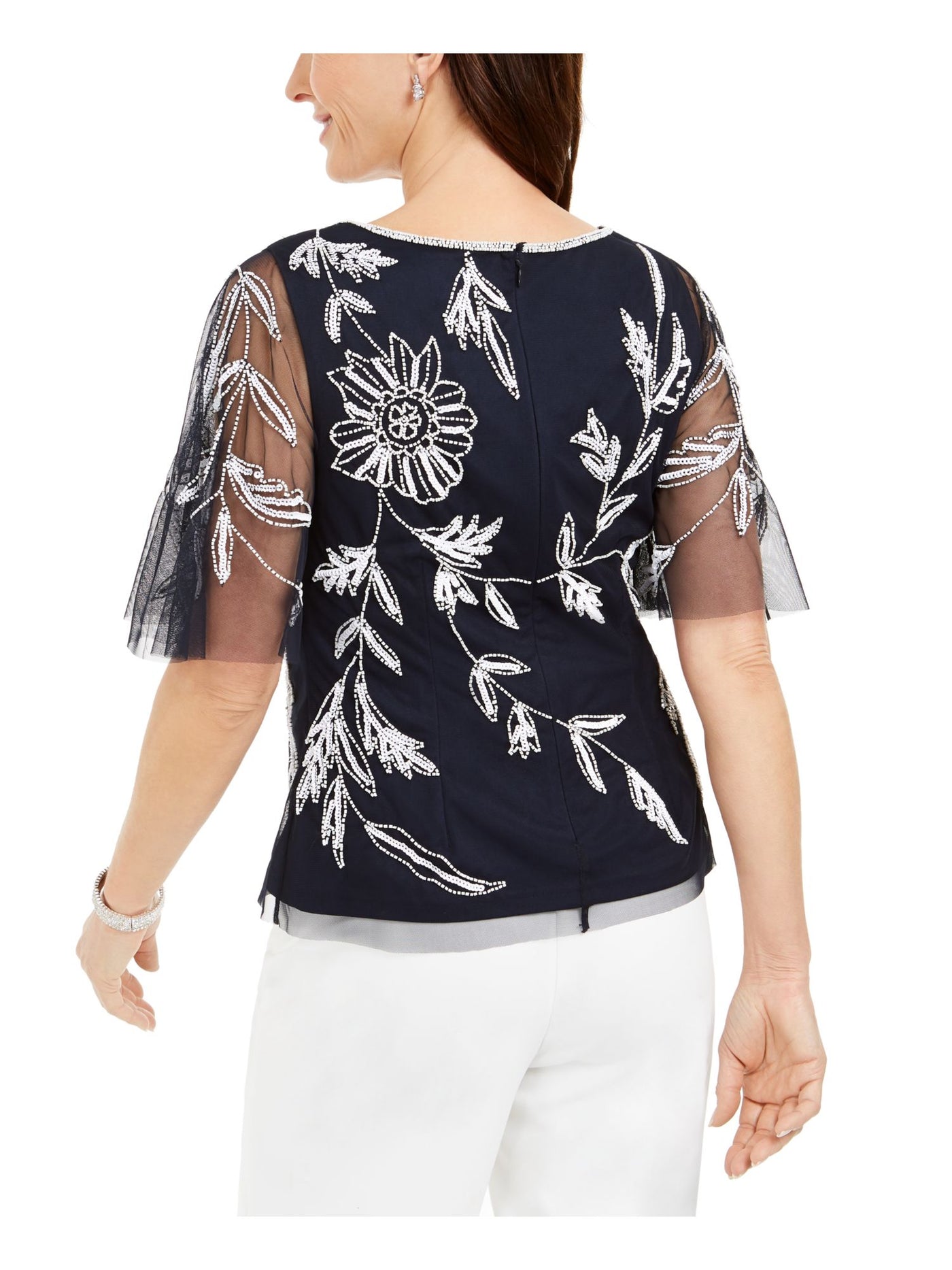 ADRIANNA PAPELL Womens Navy Embellished Mesh Flutter V Neck Blouse 6