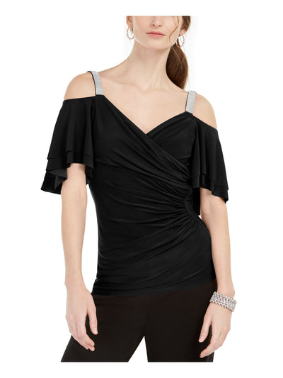 MSK Womens Black Embellished Cold Shoulder Flutter Sleeve V Neck Evening Top Petites PXL