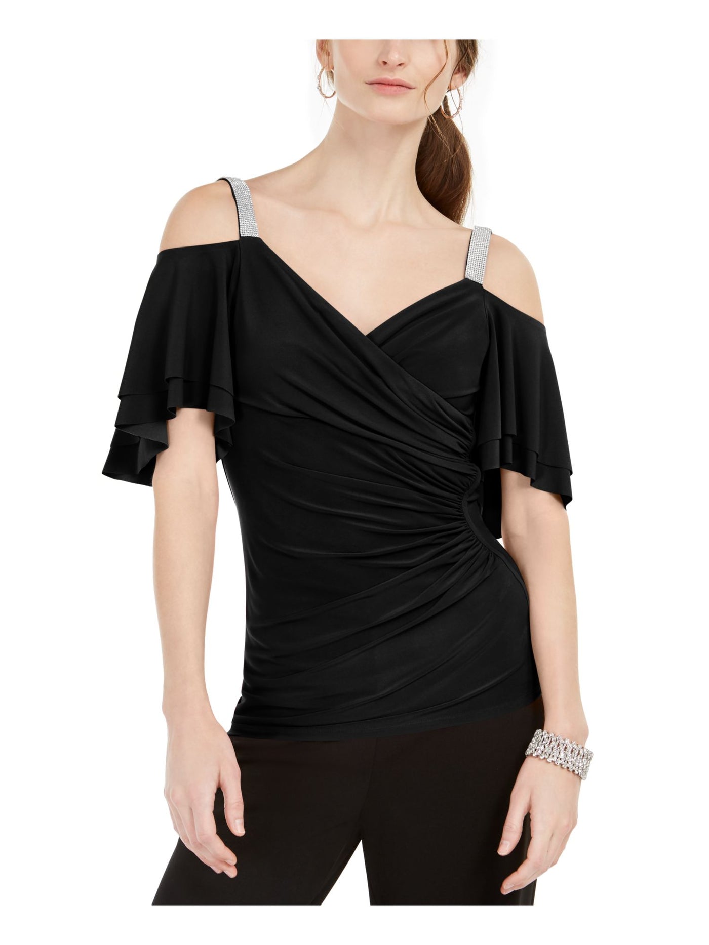 MSK Womens Black Embellished Cold Shoulder Flutter Sleeve V Neck Evening Top Petites PS