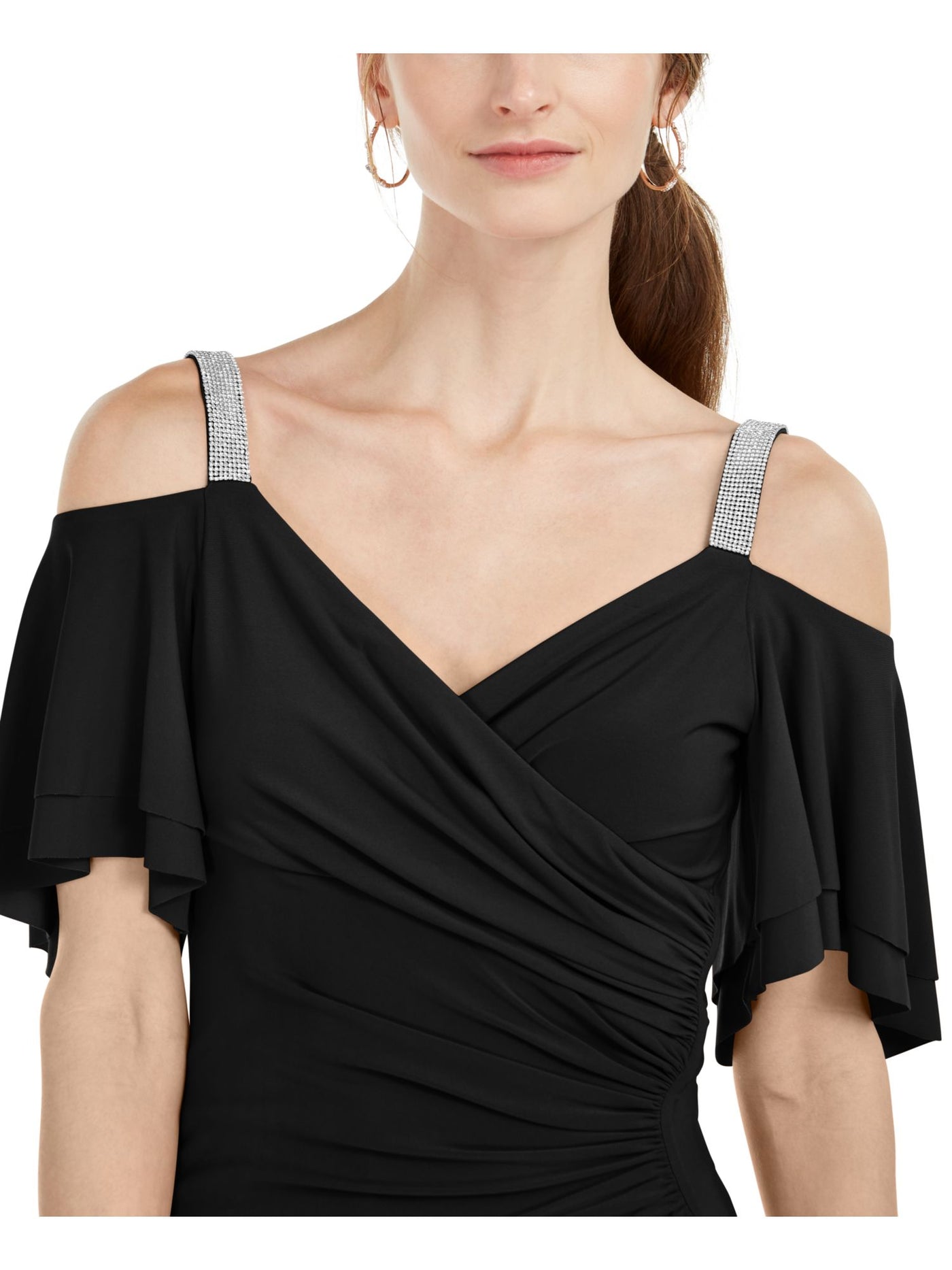 MSK Womens Black Embellished Cold Shoulder Flutter Sleeve V Neck Evening Top Petites PXL