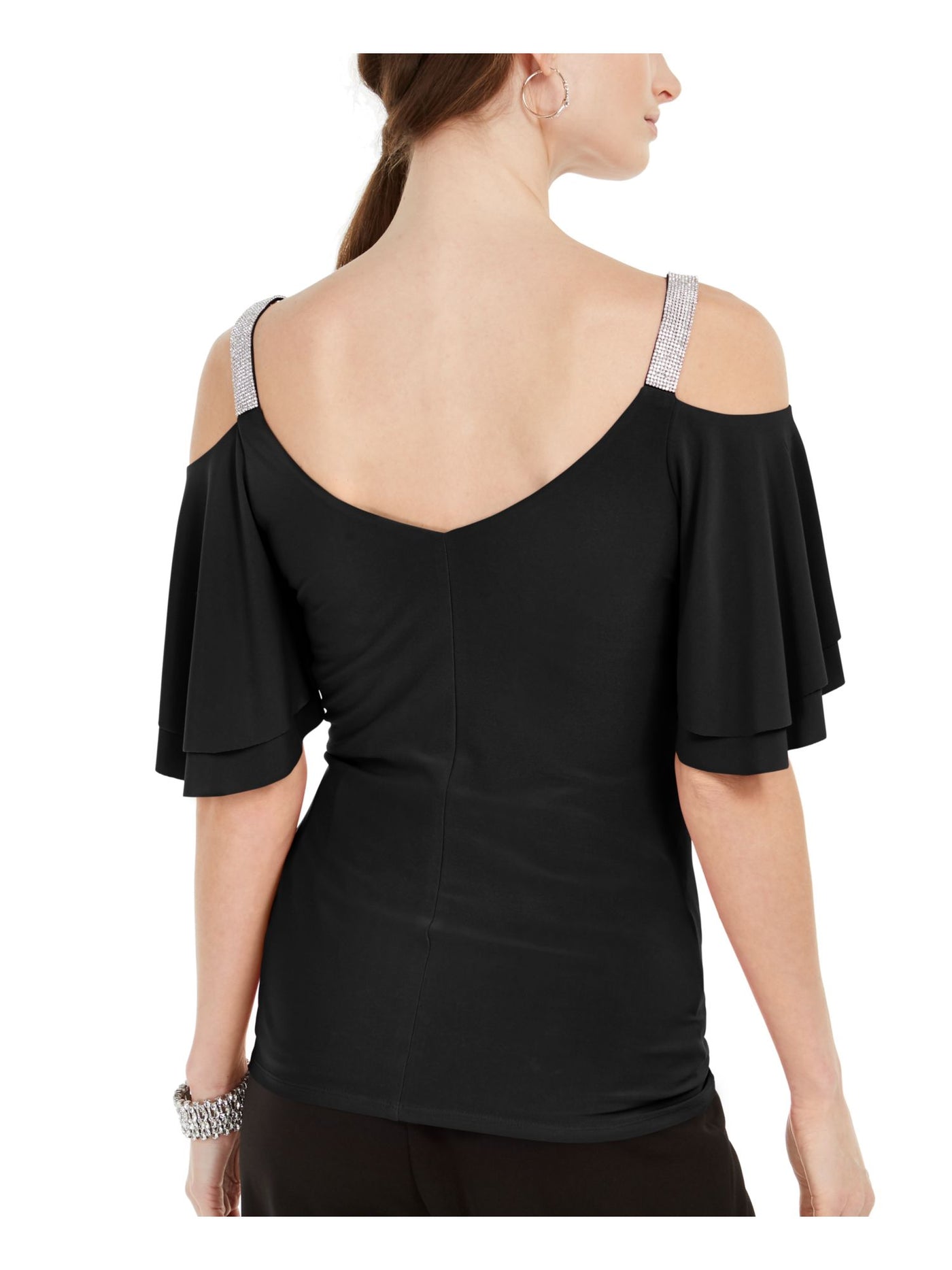 MSK Womens Black Embellished Cold Shoulder Flutter Sleeve V Neck Evening Top Petites PXL