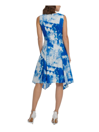 DKNY Womens Blue Stretch Zippered Handkerchief Hem Tie Dye Sleeveless Crew Neck Midi Wear To Work Fit + Flare Dress 2