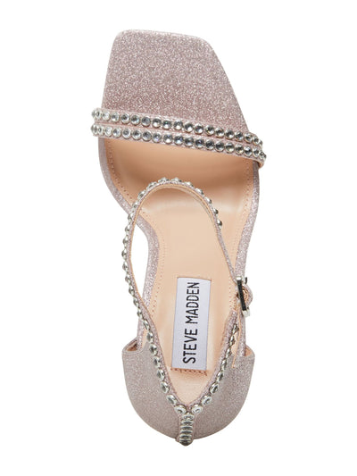 STEVE MADDEN Womens Pink Glitter Ankle Strap Rhinestone Padded Collette Square Toe Stiletto Buckle Dress Sandals Shoes M