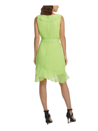 DKNY Womens Green Ruffled Belted Sheer Lined Sleeveless Surplice Neckline Knee Length Cocktail Faux Wrap Dress 10