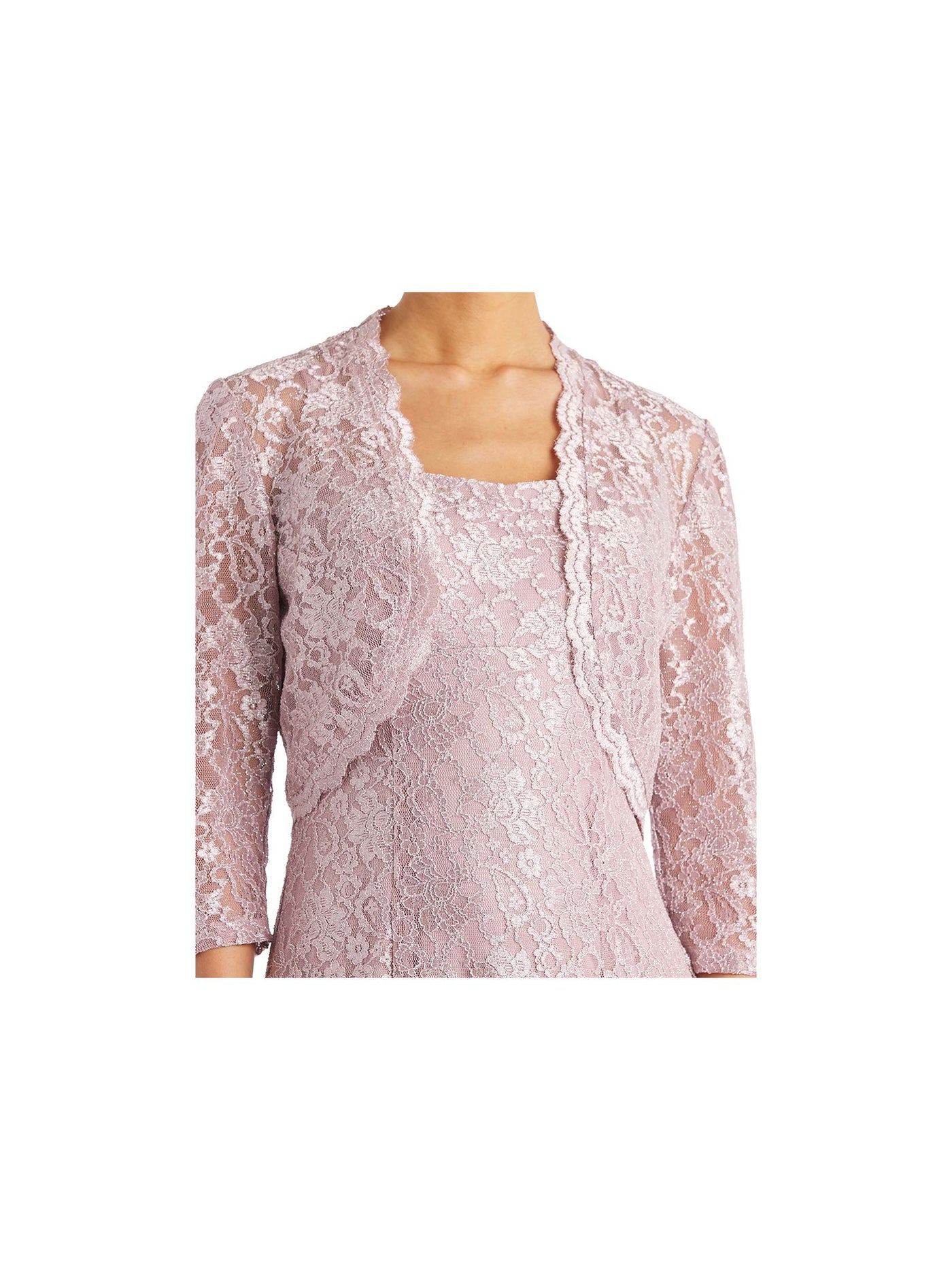 R&M RICHARDS Womens Pink Stretch Lace Glitter With Open Front Shrug Floral Sleeveless Square Neck Full-Length Formal Gown Dress Petites 8P