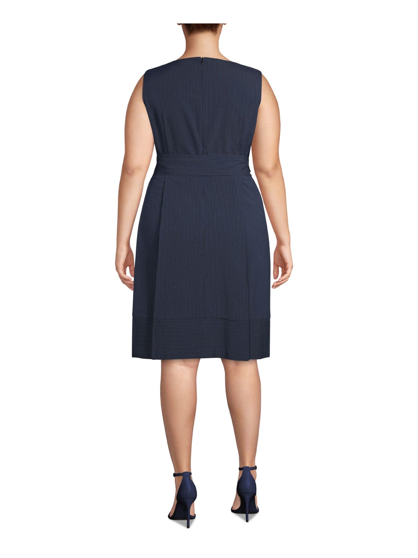 ANNE KLEIN Womens Navy Sleeveless Boat Neck Above The Knee Wear To Work Fit + Flare Dress Plus 24W