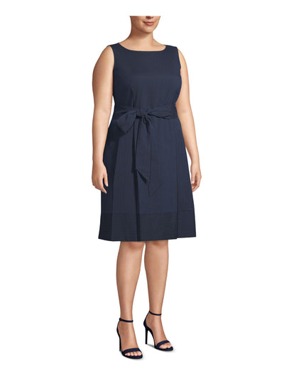 ANNE KLEIN Womens Navy Sleeveless Boat Neck Above The Knee Wear To Work Fit + Flare Dress Plus 24W