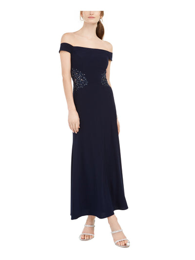 IGNITE EVENINGS Womens Navy Embellished Ruched Off Shoulder Maxi Evening Dress Petites 10P