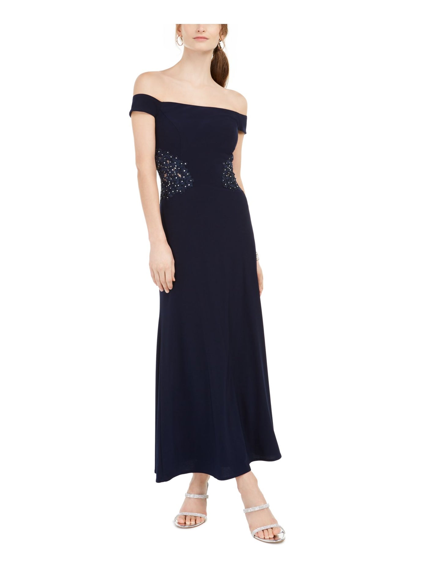 IGNITE EVENINGS Womens Navy Embellished Ruched Off Shoulder Maxi Evening Dress Petites 12P