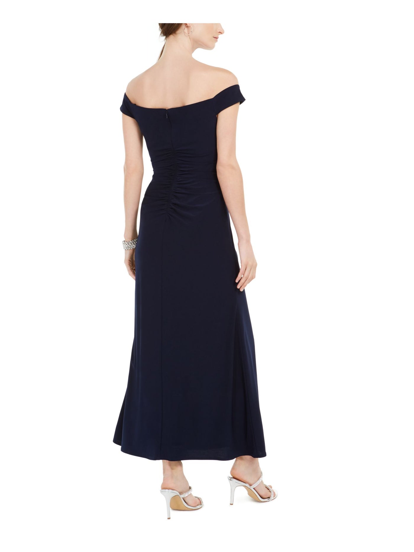 IGNITE EVENINGS Womens Navy Embellished Ruched Off Shoulder Maxi Evening Dress Petites 14P