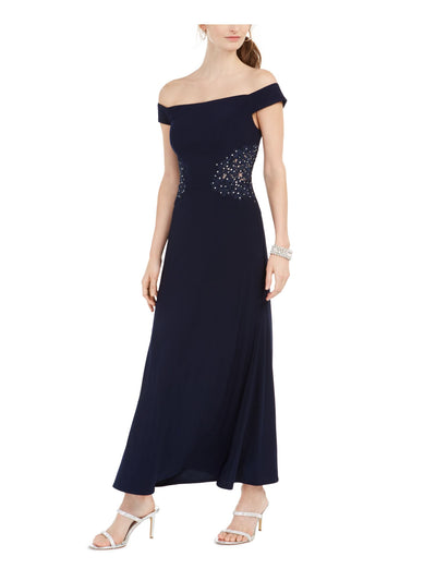 IGNITE EVENINGS Womens Navy Embellished Ruched Off Shoulder Maxi Evening Dress Petites 14P