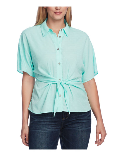 VINCE CAMUTO Womens Aqua Textured Short Sleeve Collared Button Up Top XXS