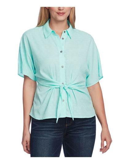 VINCE CAMUTO Womens Aqua Textured Short Sleeve Collared Button Up Top S