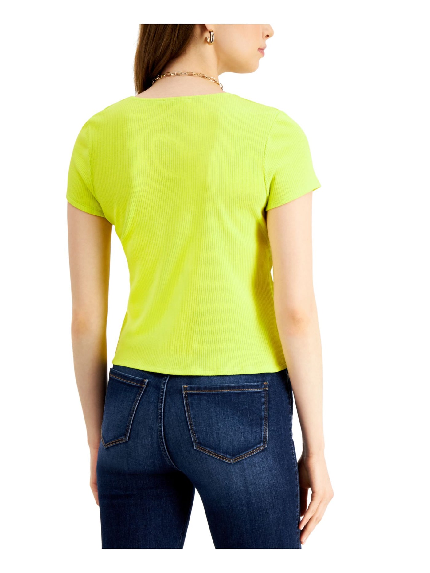 BAR III Womens Yellow Tie Ribbed Short Sleeve V Neck Top S