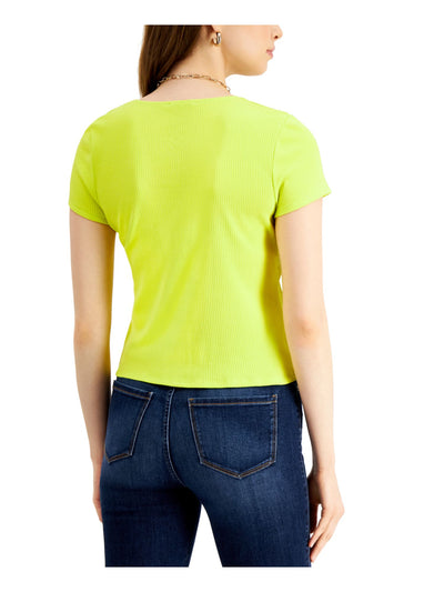 BAR III Womens Yellow Tie Ribbed Short Sleeve V Neck Top S