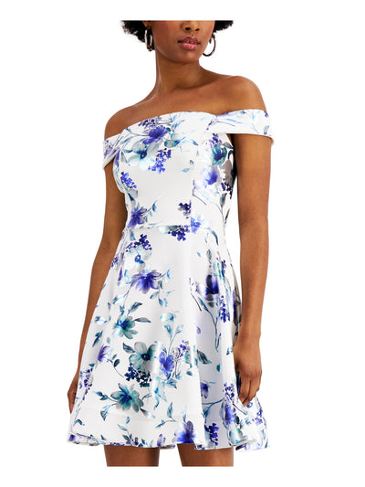 CRYSTAL DOLLS Womens White Zippered Floral Cap Sleeve Off Shoulder Short Party Fit + Flare Dress 15