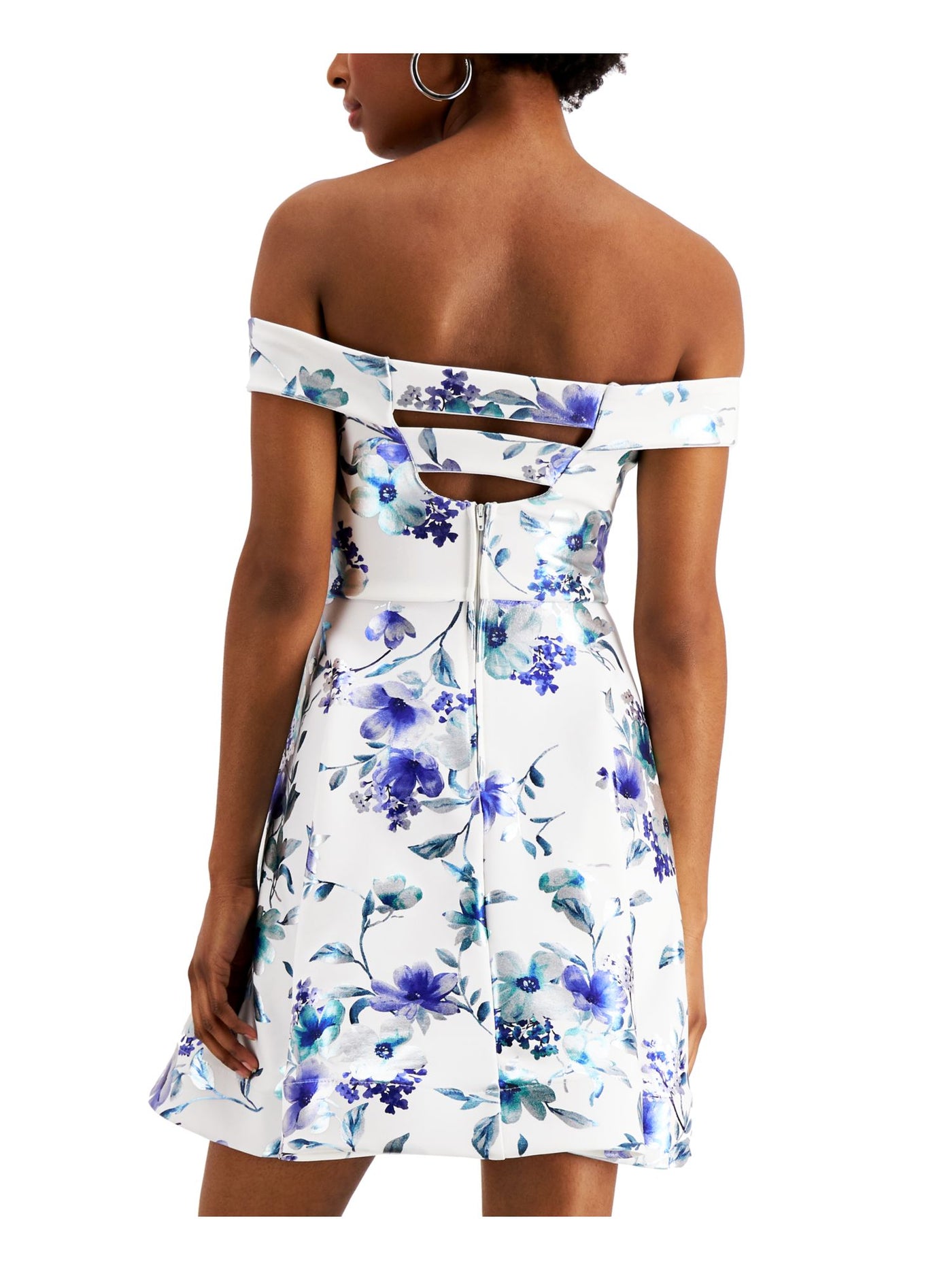 CRYSTAL DOLLS Womens White Zippered Floral Cap Sleeve Off Shoulder Short Party Fit + Flare Dress 15