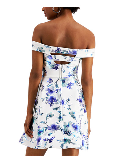 CRYSTAL DOLLS Womens White Zippered Floral Cap Sleeve Off Shoulder Short Party Fit + Flare Dress 15