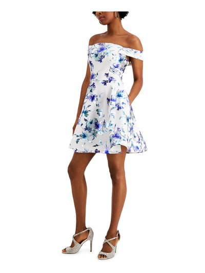 CRYSTAL DOLLS Womens White Zippered Floral Cap Sleeve Off Shoulder Short Party Fit + Flare Dress 15