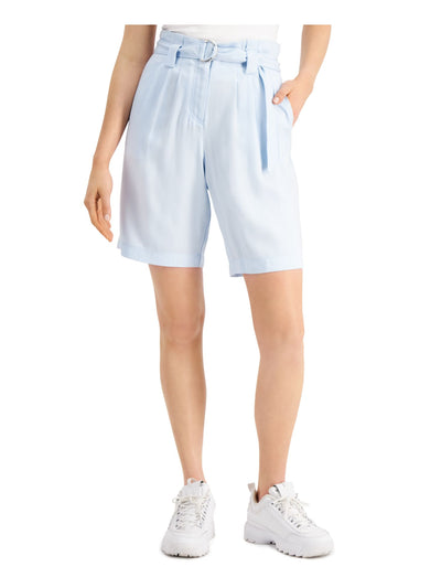 GUESS Womens Light Blue Pocketed Zippered Pleated Paper-bag Belted Bermuda Shorts 6