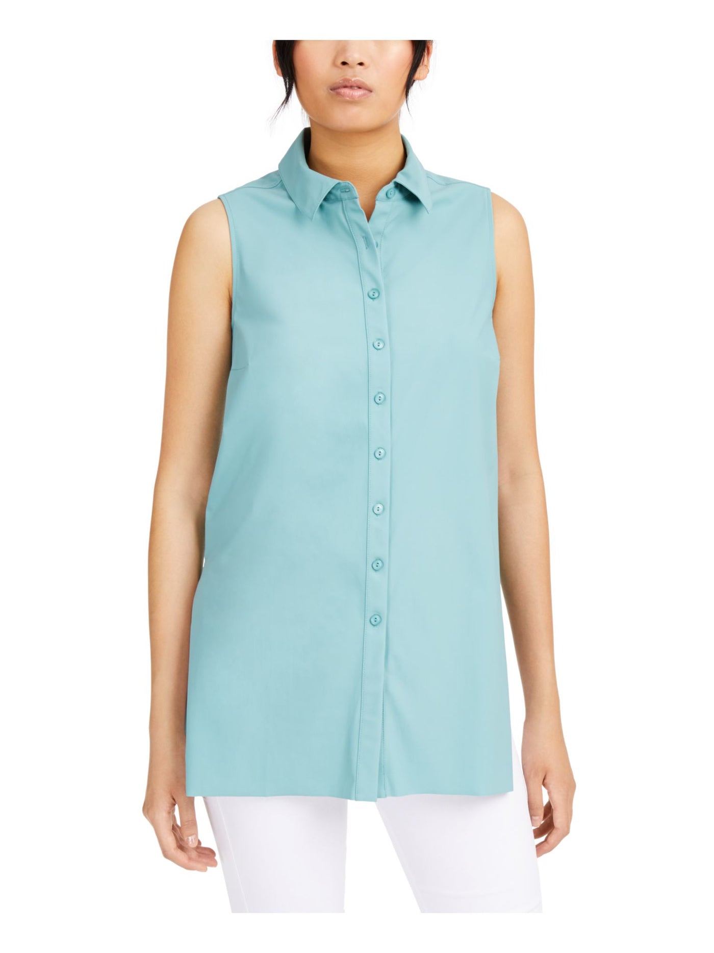 ALFANI Womens Teal Buttons Sleeveless Collared Button Up Top S