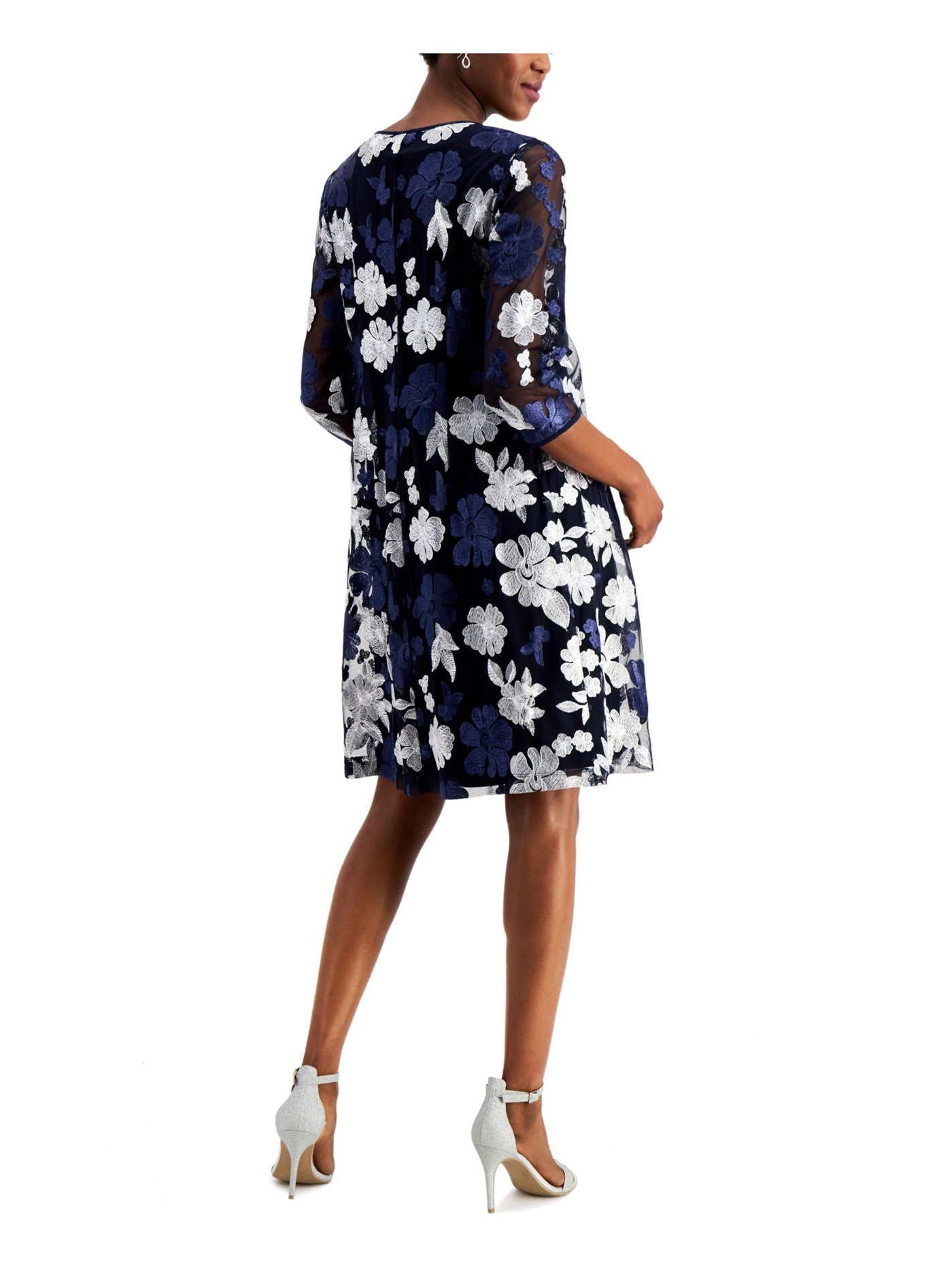 CONNECTED APPAREL Womens Navy Stretch Embroidered Mesh Attached Jacket Unlined Floral 3/4 Sleeve Crew Neck Above The Knee Formal Shift Dress 6
