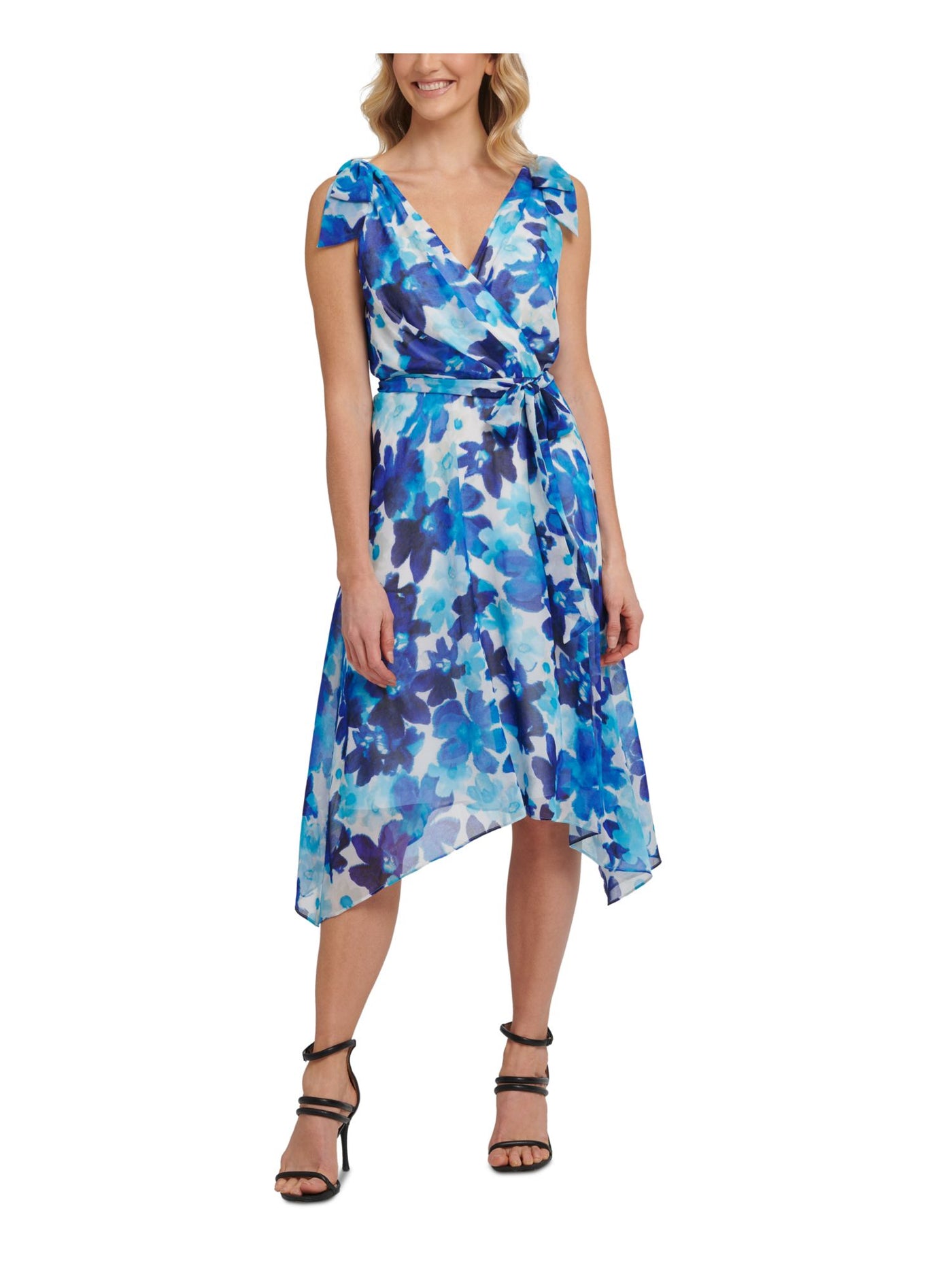 DKNY Womens Blue Zippered Belted Hi-lo Hem Sheer Lined Floral Sleeveless Surplice Neckline Midi Evening Faux Wrap Dress 8