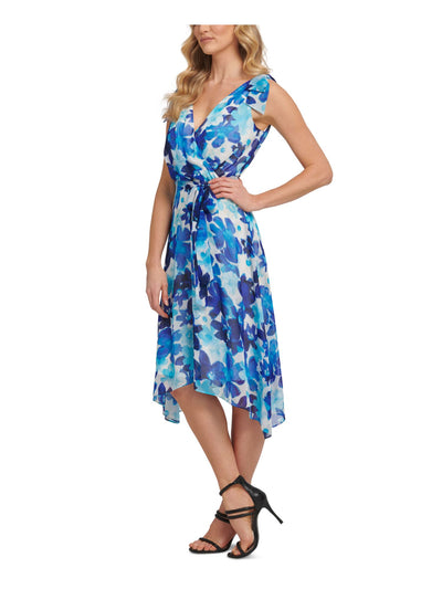 DKNY Womens Blue Zippered Belted Hi-lo Hem Sheer Lined Floral Sleeveless Surplice Neckline Midi Evening Faux Wrap Dress 8