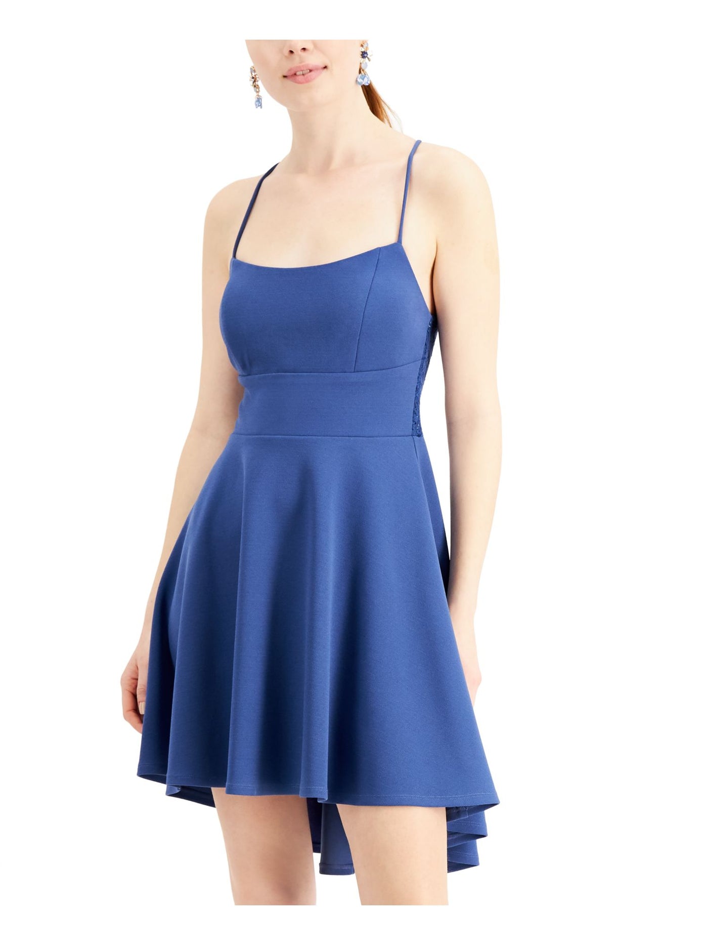 CITY STUDIO Womens Blue Lace Zippered Hi-lo Spaghetti Strap Scoop Neck Mini Party Fit + Flare Dress Juniors 13