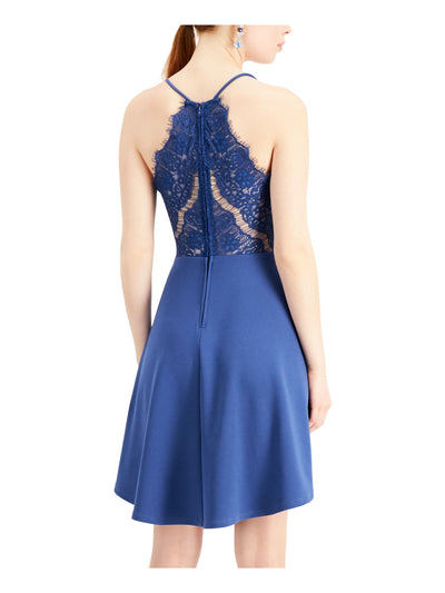 CITY STUDIO Womens Blue Lace Zippered Hi-lo Spaghetti Strap Scoop Neck Mini Party Fit + Flare Dress Juniors 13