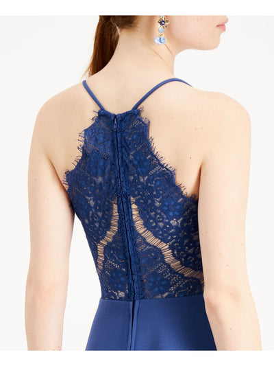 CITY STUDIO Womens Blue Lace Zippered Hi-lo Spaghetti Strap Scoop Neck Mini Party Fit + Flare Dress Juniors 13