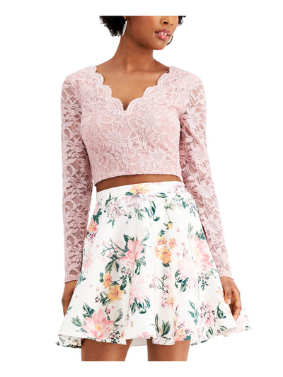 CITY STUDIO Womens Pink Zippered Low Cut Lace Deep-v At Back Floral Long Sleeve Evening Crop Top Juniors 1