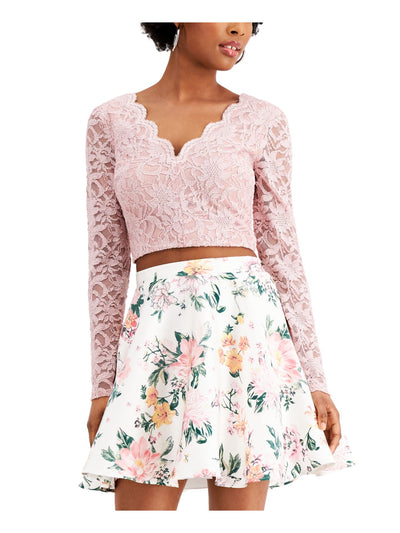 CITY STUDIO Womens Pink Zippered Low Cut Lace Deep-v At Back Floral Long Sleeve Evening Crop Top 1