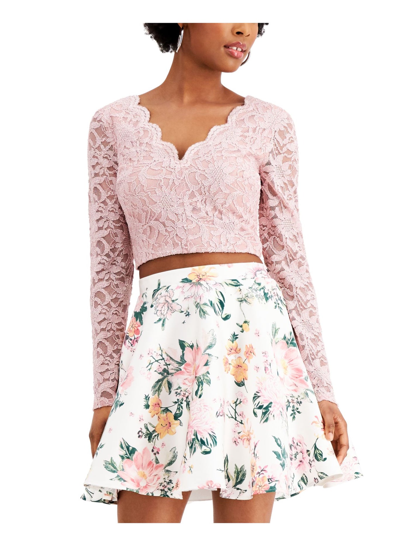 CITY STUDIO Womens Pink Zippered Low Cut Lace Deep-v At Back Floral Long Sleeve Evening Crop Top 13