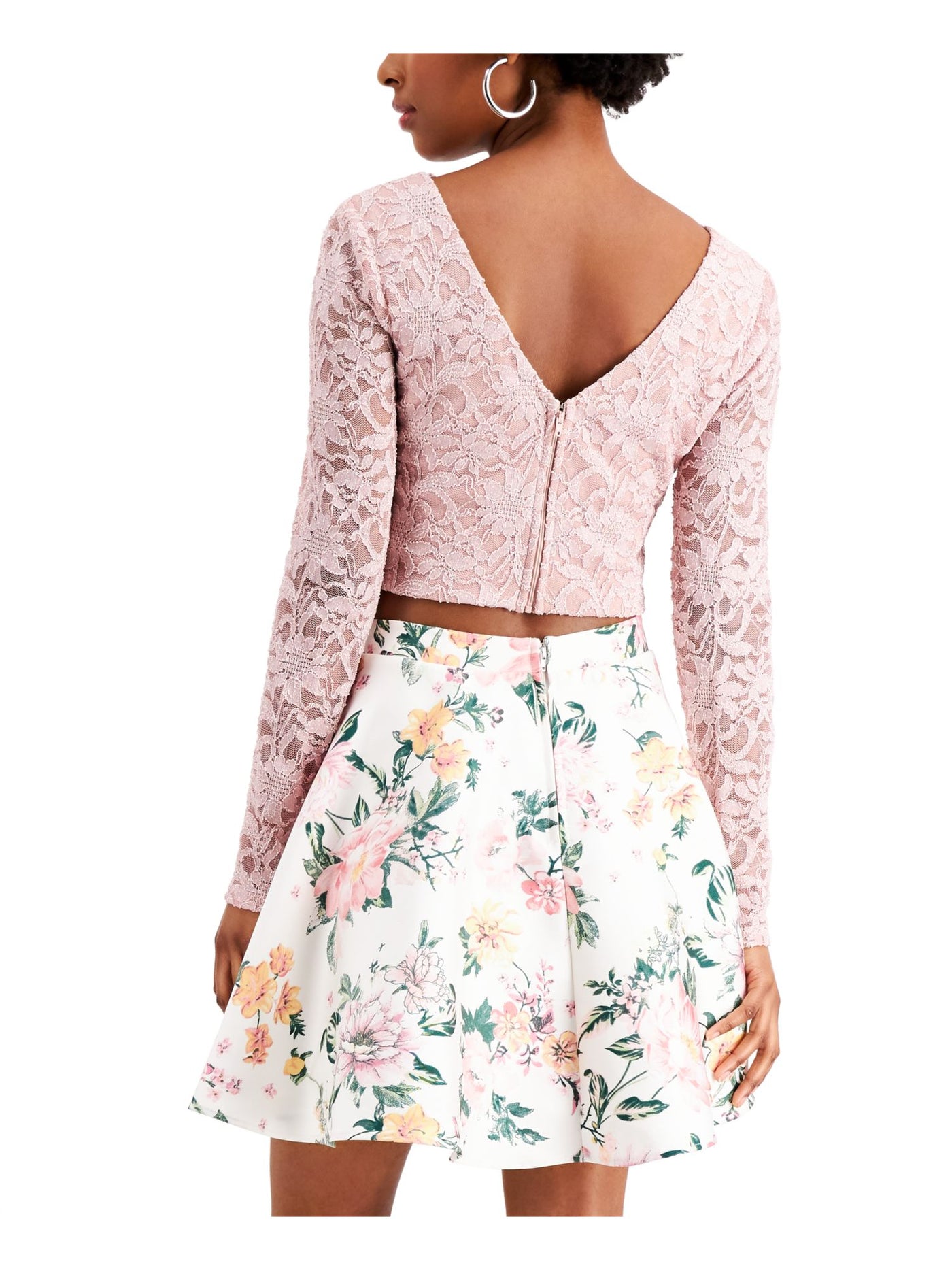 CITY STUDIO Womens Pink Zippered Low Cut Lace Deep-v At Back Floral Long Sleeve Evening Crop Top 13