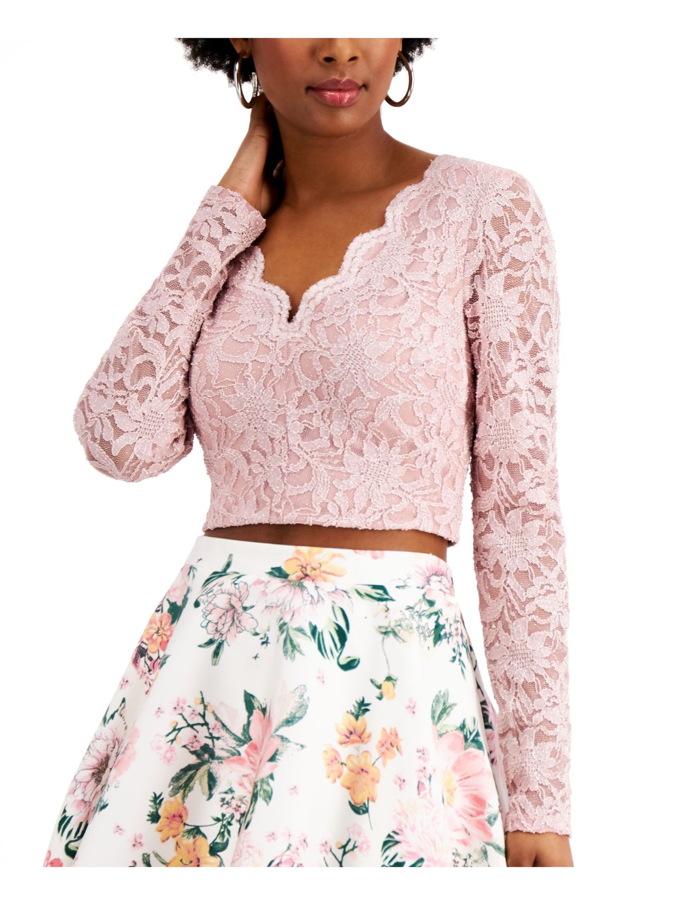 CITY STUDIO Womens Pink Zippered Low Cut Lace Deep-v At Back Floral Long Sleeve Evening Crop Top Juniors 13