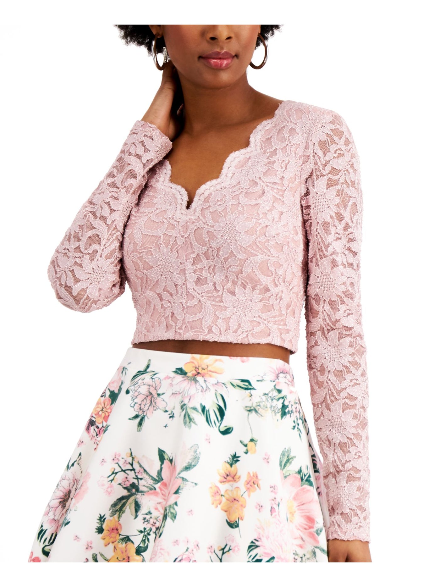 CITY STUDIO Womens Pink Zippered Low Cut Lace Deep-v At Back Floral Long Sleeve Evening Crop Top 13