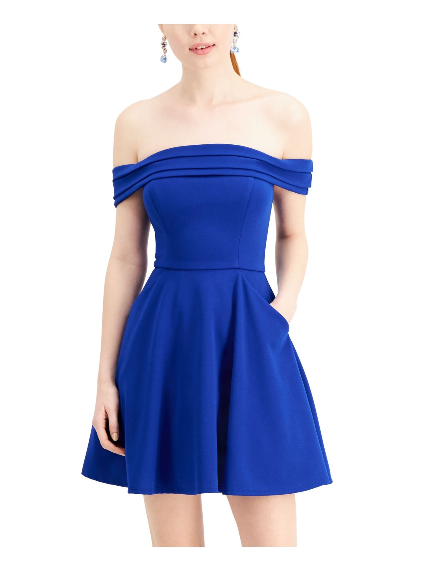 CITY STUDIO Womens Blue Pocketed Pleated Skater Sleeveless Off Shoulder Short Cocktail Fit + Flare Dress 11