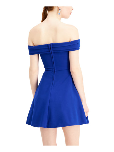 CITY STUDIO Womens Blue Pocketed Pleated Skater Sleeveless Off Shoulder Short Cocktail Fit + Flare Dress Juniors 13