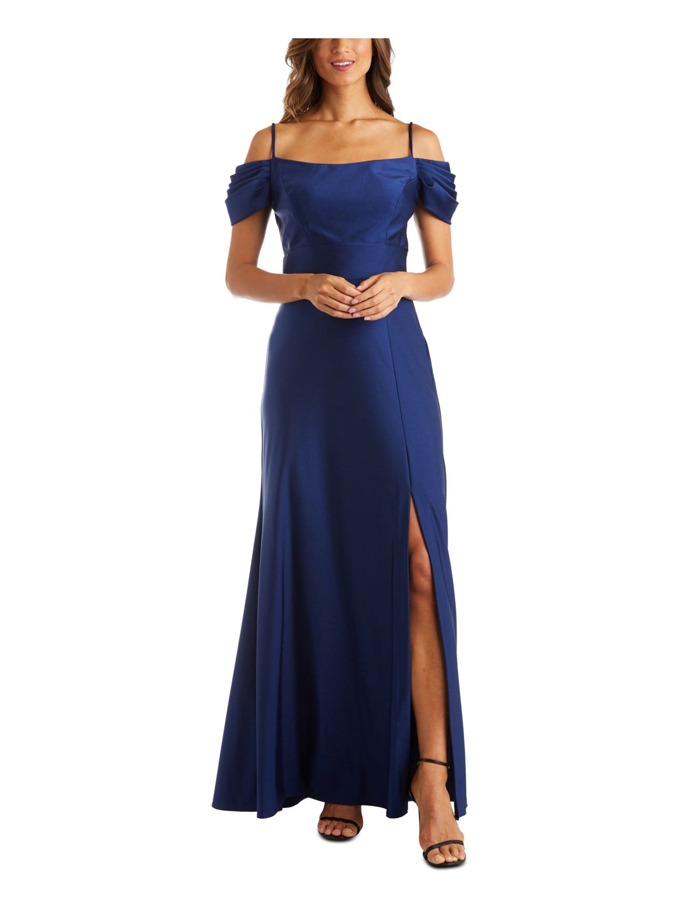 NIGHTWAY Womens Blue Cold Shoulder Slitted Gown Short Sleeve Square Neck Maxi Formal Fit + Flare Dress Petites 10P
