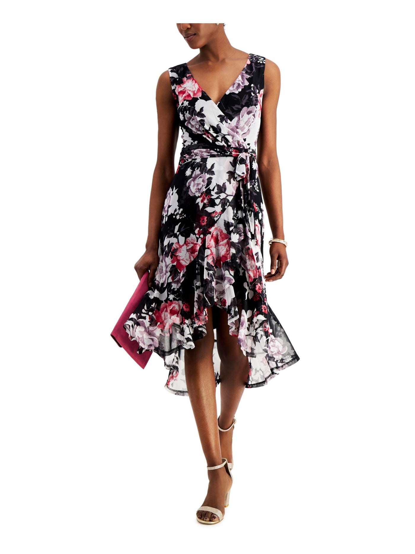 CONNECTED APPAREL Womens Black Tie Sheer Floral Sleeveless V Neck Midi Party Hi-Lo Dress 14