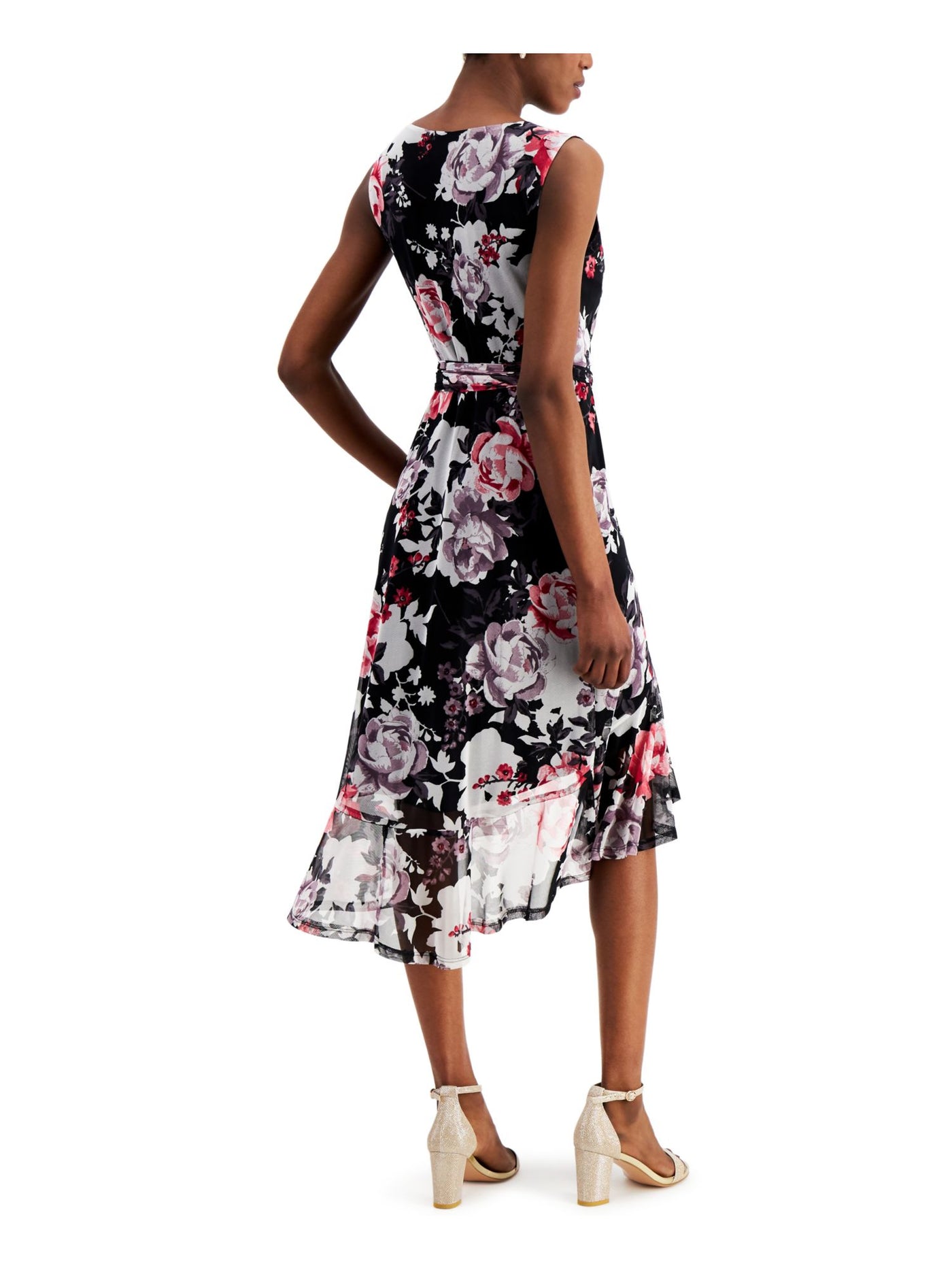 CONNECTED APPAREL Womens Black Tie Sheer Floral Sleeveless V Neck Midi Party Hi-Lo Dress 14