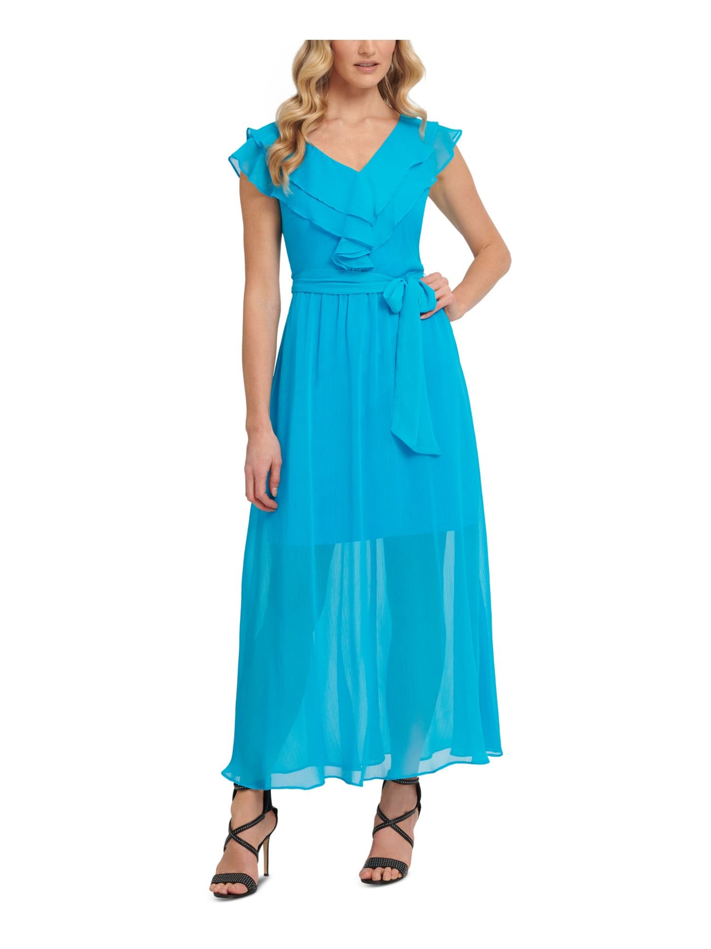 DKNY Womens Turquoise Zippered Ruffled Chiffon Tie-belt Flutter Sleeve V Neck Maxi Cocktail Fit + Flare Dress 6