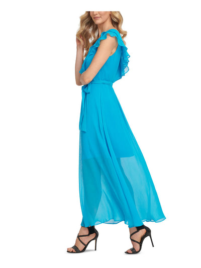 DKNY Womens Turquoise Zippered Ruffled Chiffon Tie-belt Flutter Sleeve V Neck Maxi Cocktail Fit + Flare Dress 6