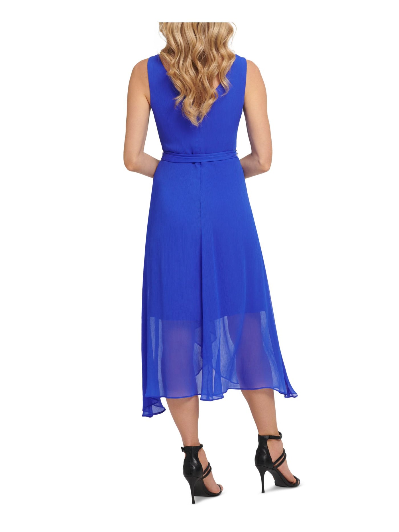 DKNY Womens Blue Zippered Tie Chiffon Asymmetrical-hem Sleeveless Surplice Neckline Tea-Length Cocktail Faux Wrap Dress 2